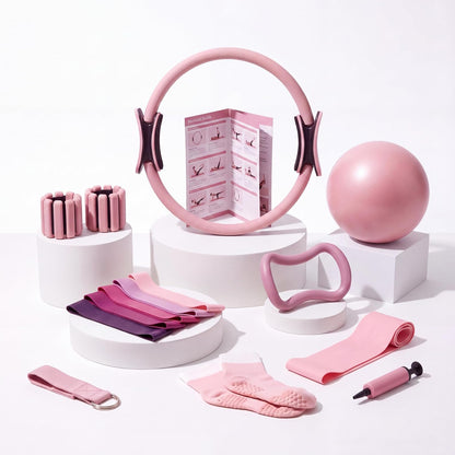 Complete Pilates Kit – 16 Piece Pink Ring, Ball, Socks, Bands & Weights Set