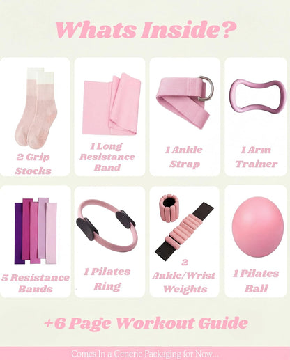Complete Pilates Kit – 16 Piece Pink Ring, Ball, Socks, Bands & Weights Set