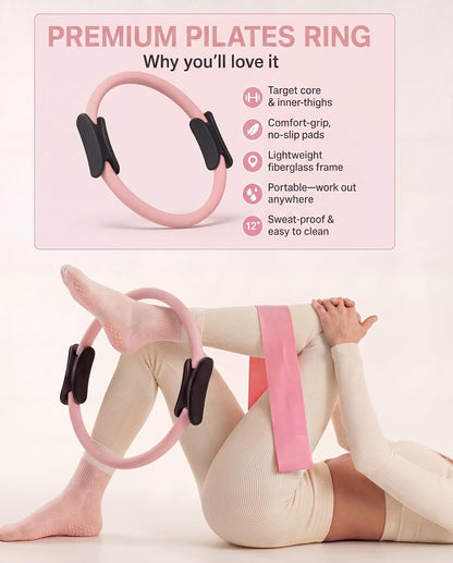 Complete Pilates Kit – 16 Piece Pink Ring, Ball, Socks, Bands & Weights Set