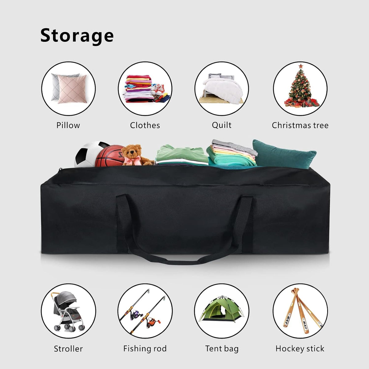 1-Pack 46 Inch Extra Large Zippered Duffel Bag for Travel Camping Sports Equipment Storage, Waterproof Foldable Luggage Bag with Padded Handles (Black)