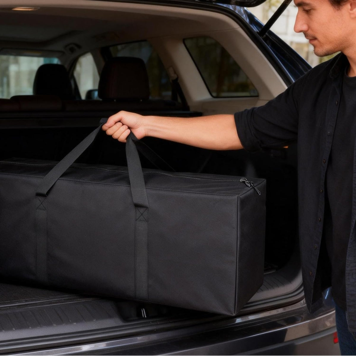 1-Pack 46 Inch Extra Large Zippered Duffel Bag for Travel Camping Sports Equipment Storage, Waterproof Foldable Luggage Bag with Padded Handles (Black)