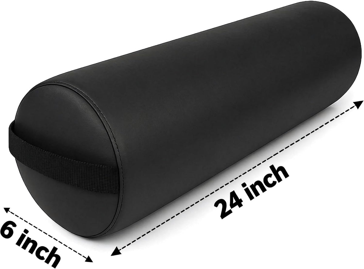 Round Massage Bolster Pillow 24 x 6 Inch – Full Cylinder Support Cushion with PU Leather Cover & Carry Handle – for Massage Table, Yoga, Physical Therapy & Spa Use (Black)