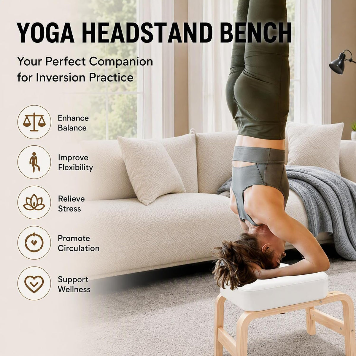 Yoga Headstand Bench with T-Block, Inversion Stool for Headstands Handstands, 440lbs Capacity Wood & PU Yoga Invert Chair for Balance Flexibility Training, Home Gym Equipment for Beginners, White