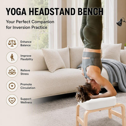 Yoga Headstand Bench with T-Block, Inversion Stool for Headstands Handstands, 440lbs Capacity Wood & PU Yoga Invert Chair for Balance Flexibility Training, Home Gym Equipment for Beginners, White