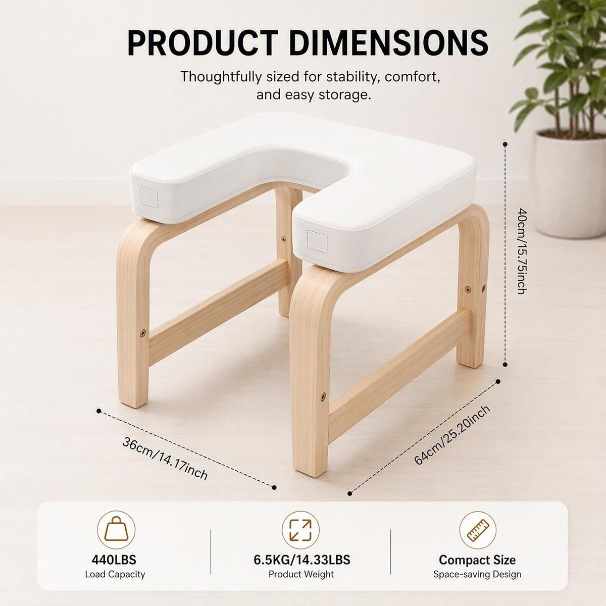 Yoga Headstand Bench with T-Block, Inversion Stool for Headstands Handstands, 440lbs Capacity Wood & PU Yoga Invert Chair for Balance Flexibility Training, Home Gym Equipment for Beginners, White