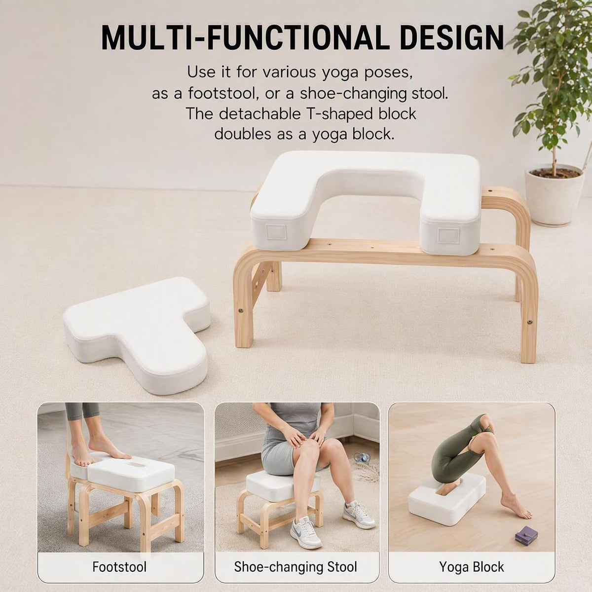 Yoga Headstand Bench with T-Block, Inversion Stool for Headstands Handstands, 440lbs Capacity Wood & PU Yoga Invert Chair for Balance Flexibility Training, Home Gym Equipment for Beginners, White