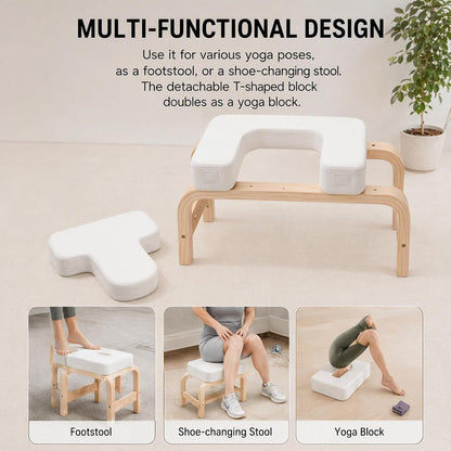 Yoga Headstand Bench with T-Block, Inversion Stool for Headstands Handstands, 440lbs Capacity Wood & PU Yoga Invert Chair for Balance Flexibility Training, Home Gym Equipment for Beginners, White