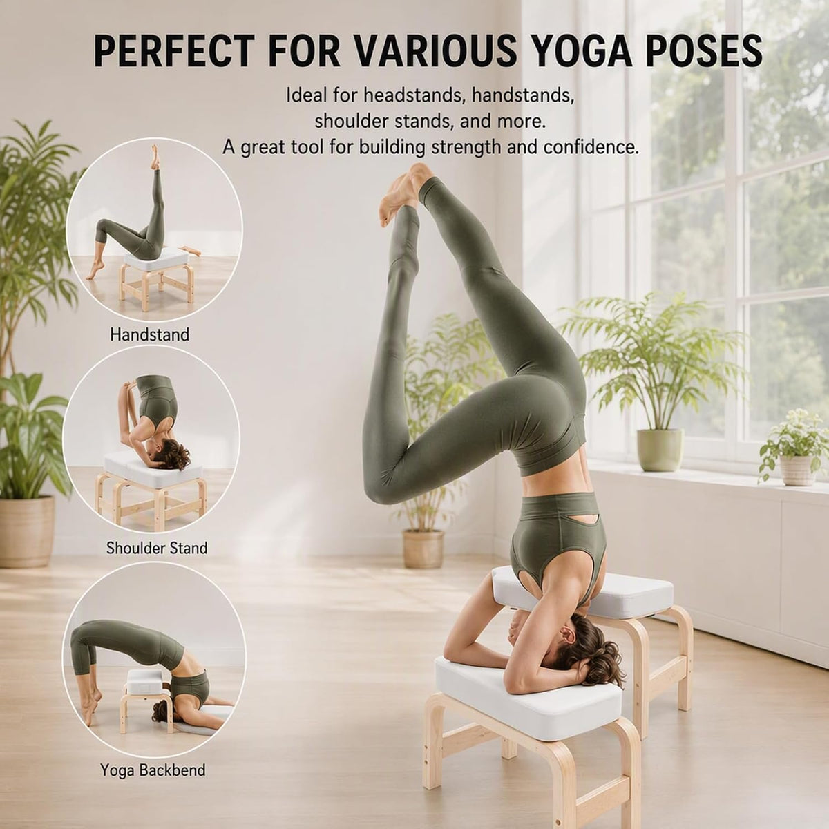 Yoga Headstand Bench with T-Block, Inversion Stool for Headstands Handstands, 440lbs Capacity Wood & PU Yoga Invert Chair for Balance Flexibility Training, Home Gym Equipment for Beginners, White