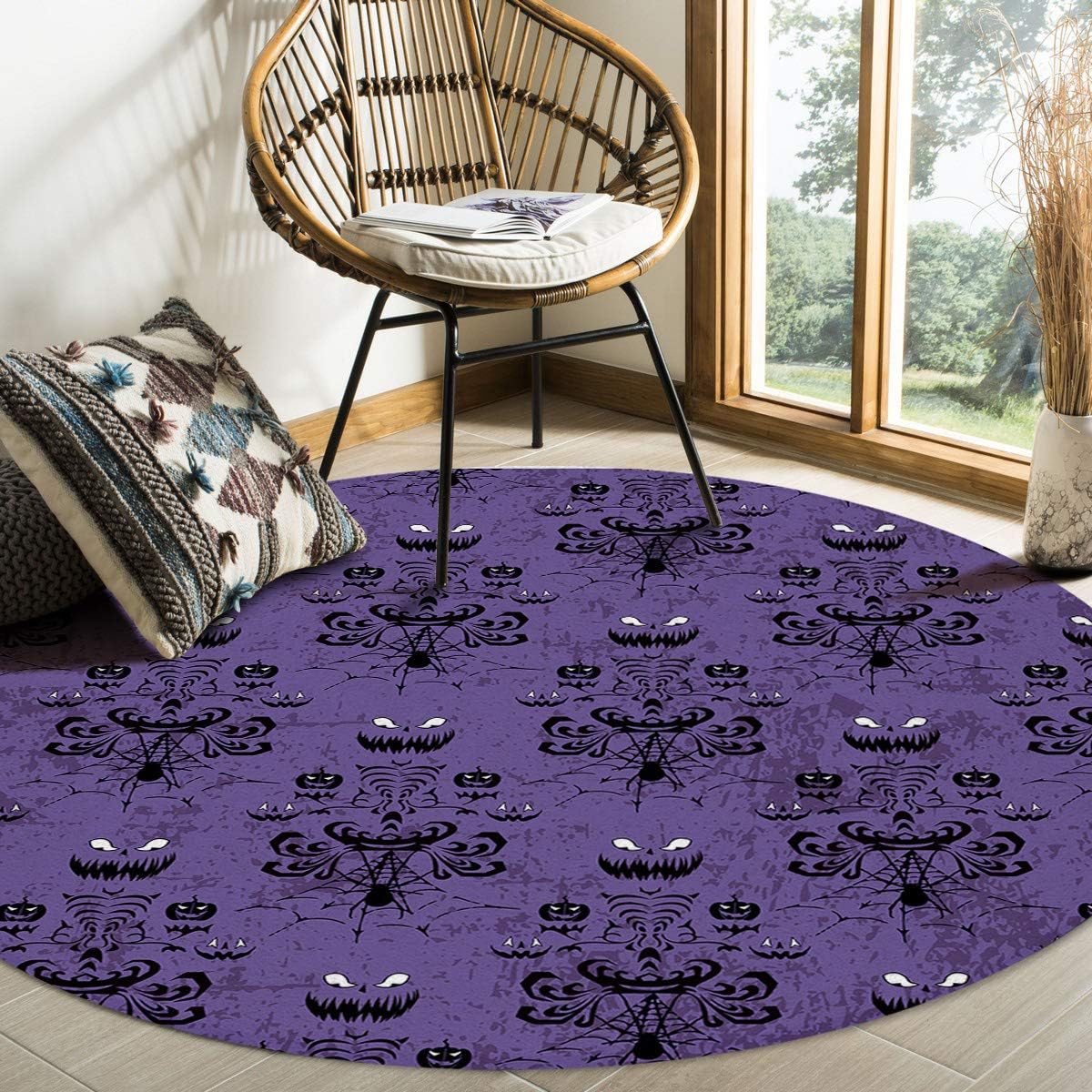 Large Round Area Rug for Living Room Halloween Haunted Ghost House Mansion Decorative Rug Carpet Floor Mat Yoga Mat for Bedroom Kids Room Home Decor 5 ft