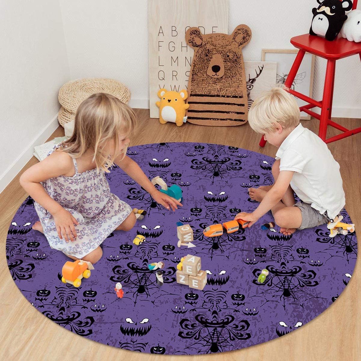Large Round Area Rug for Living Room Halloween Haunted Ghost House Mansion Decorative Rug Carpet Floor Mat Yoga Mat for Bedroom Kids Room Home Decor 5 ft