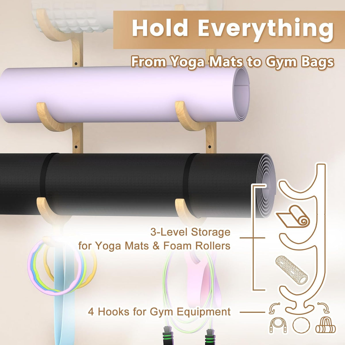 Wooden Yoga Mat Holder Wall Mount, Yoga Mat Storage Rack Organizer