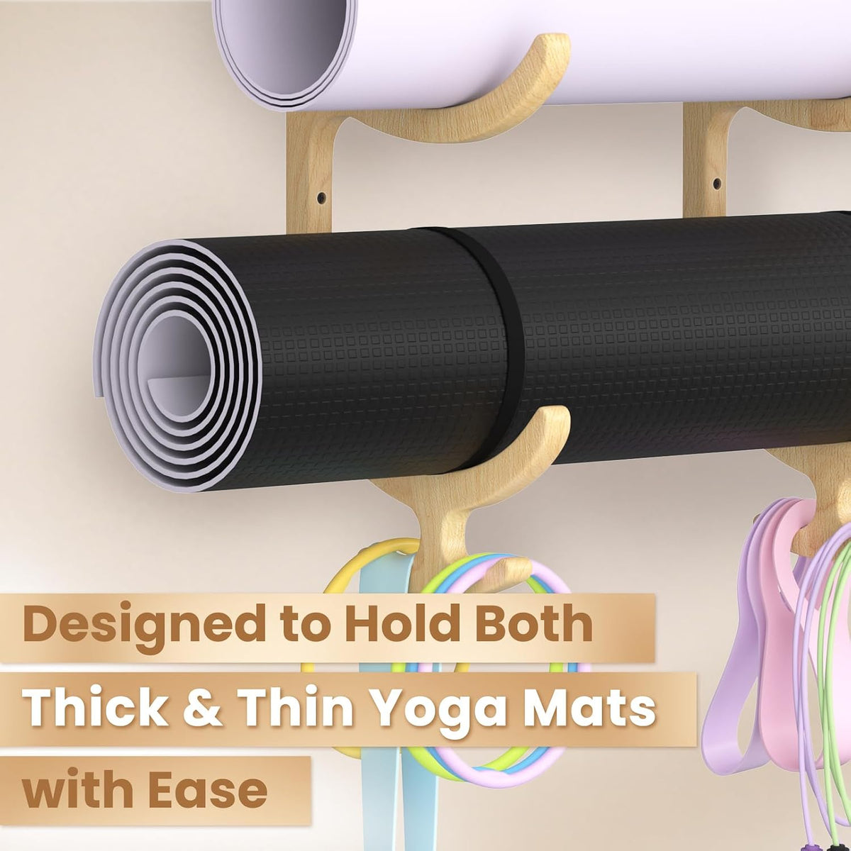 Wooden Yoga Mat Holder Wall Mount, Yoga Mat Storage Rack Organizer