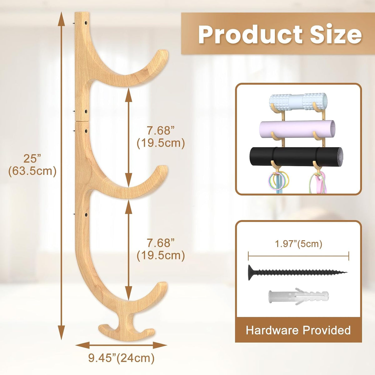 Wooden Yoga Mat Holder Wall Mount, Yoga Mat Storage Rack Organizer