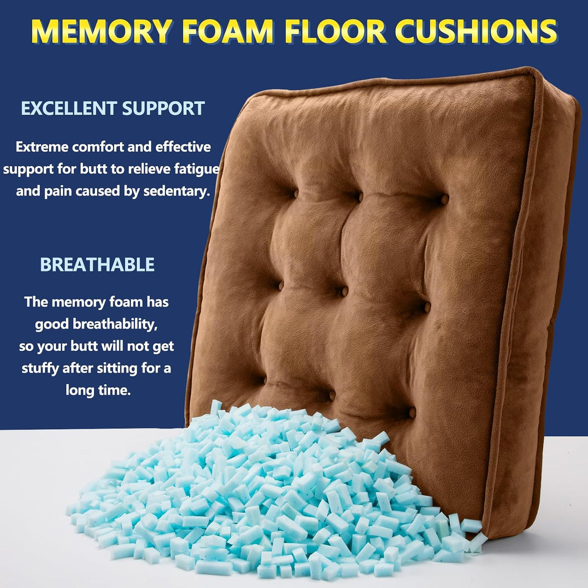 Floor Pillow Set of 2, Memory Foam Meditation Cushion, Floor Cushions for Adults Sitting, Large Square Seat Cushions for Yoga, Living Room, 20x20 Inch (Grey)