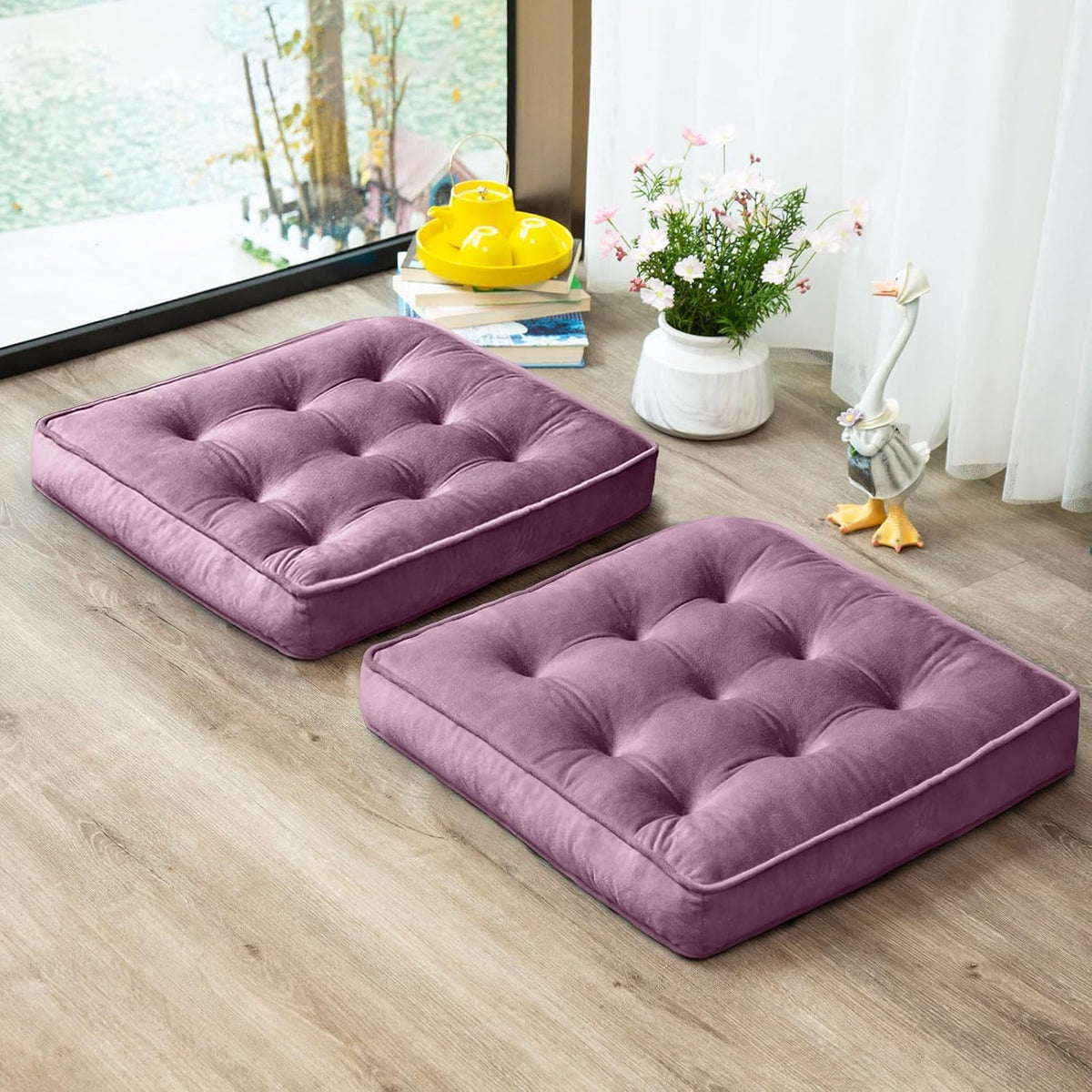 Floor Pillow Set of 2, Memory Foam Meditation Cushion, Floor Cushions for Adults Sitting, Large Square Seat Cushions for Yoga, Living Room, 20x20 Inch (Grey)