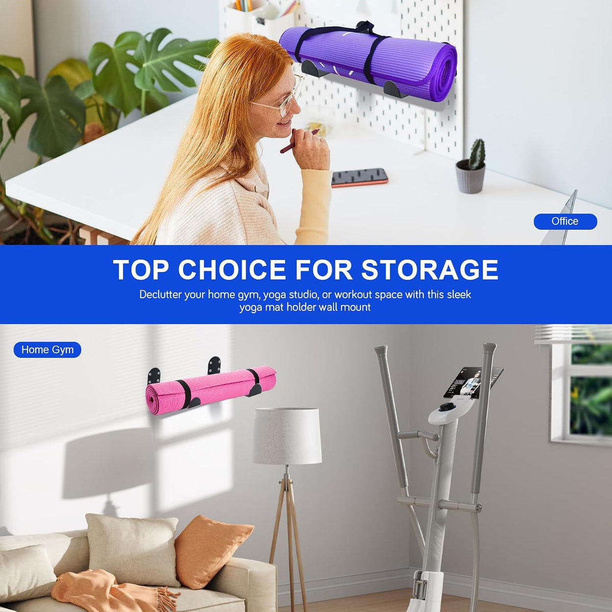 Yoga Mat Holder Wall Mount, 2-Pack Yoga Mat Rack Wall Mount, Wall Mounted Yoga Mat Storage Organizer for Home Gym, Foam Roller Holder & Light Workout Equipment Storage
