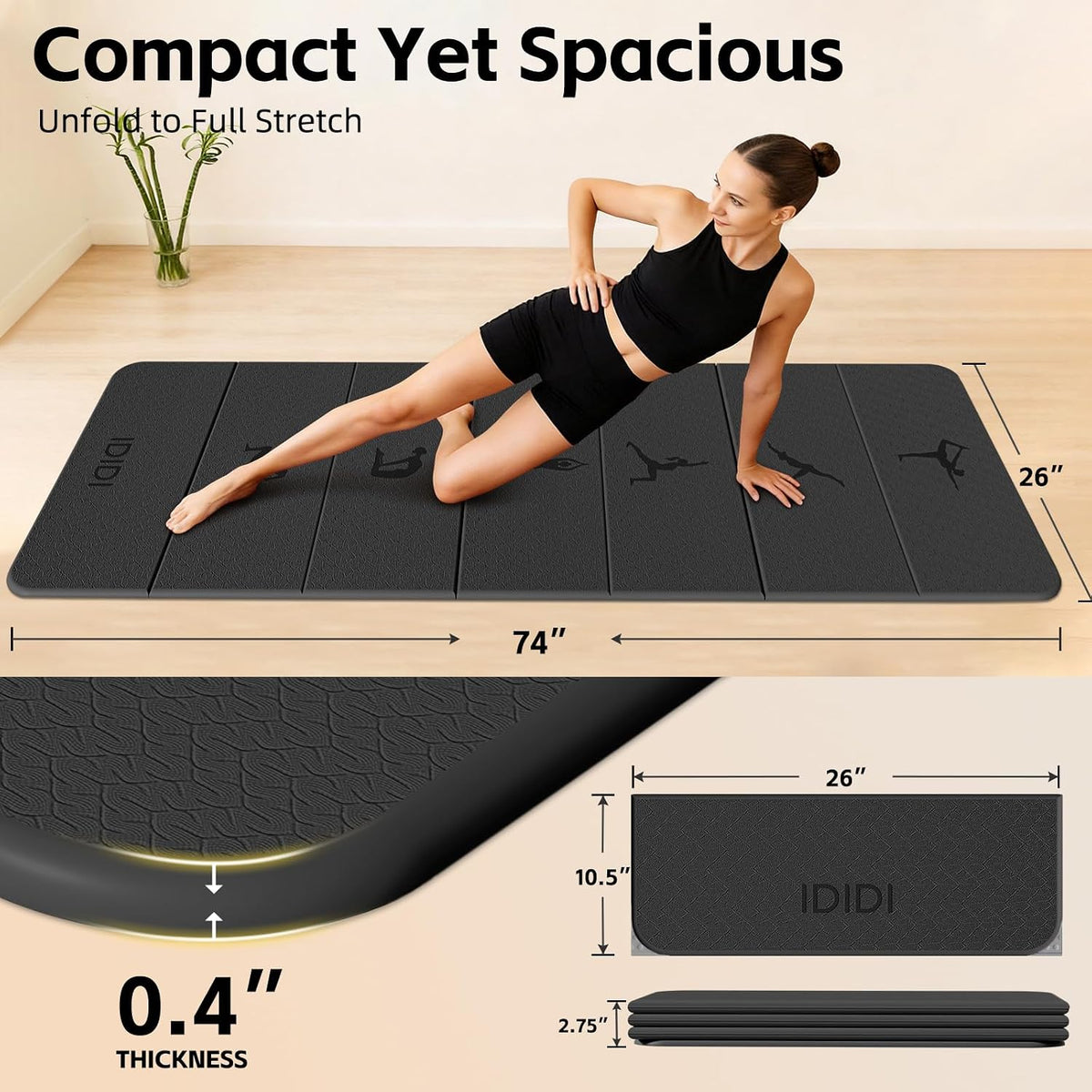 Extra Thick 10mm Foldable Yoga Mat, SGS Certified POE Non-Slip Mat, Multi-Purpose Exercise & Fitness Mats for Studio or Home