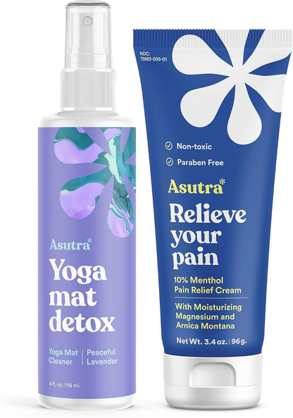 ASUTRA Bundle Set, Yoga Mat Cleaner Spray, Relief Cream, Microfiber Towel | Water-Based Cleaner, Post-Workout, Cooling Muscle Relief Cream with Magnesium, Pilates, Athletes, Yoga Practitioners