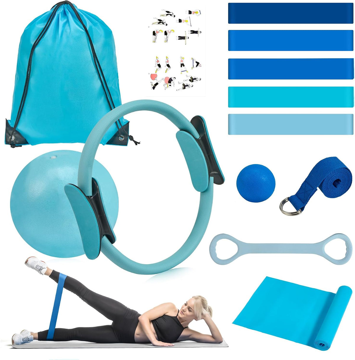 Pilates Ring Kit 12 PCS for Women, Home Workout Equipment with Magic Circle, Mini Exercise Ball, Resistance Bands, Massage Lacrosse, Yoga Strap, Full-Body Fitness Set for Toning & Gift