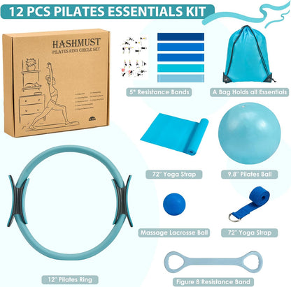 Pilates Ring Kit 12 PCS for Women, Home Workout Equipment with Magic Circle, Mini Exercise Ball, Resistance Bands, Massage Lacrosse, Yoga Strap, Full-Body Fitness Set for Toning & Gift