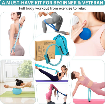 Pilates Ring Kit 12 PCS for Women, Home Workout Equipment with Magic Circle, Mini Exercise Ball, Resistance Bands, Massage Lacrosse, Yoga Strap, Full-Body Fitness Set for Toning & Gift