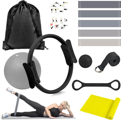 Pilates Ring Kit 12 PCS for Women, Home Workout Equipment with Magic Circle, Mini Exercise Ball, Resistance Bands, Massage Lacrosse, Yoga Strap, Full-Body Fitness Set for Toning & Gift