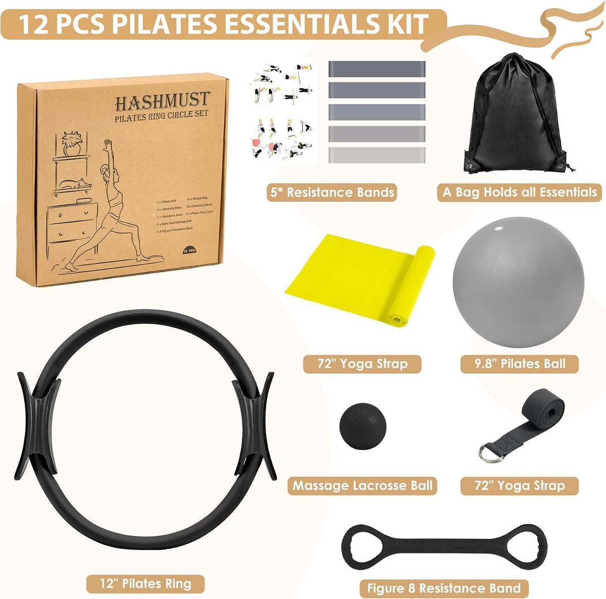 Pilates Ring Kit 12 PCS for Women, Home Workout Equipment with Magic Circle, Mini Exercise Ball, Resistance Bands, Massage Lacrosse, Yoga Strap, Full-Body Fitness Set for Toning & Gift