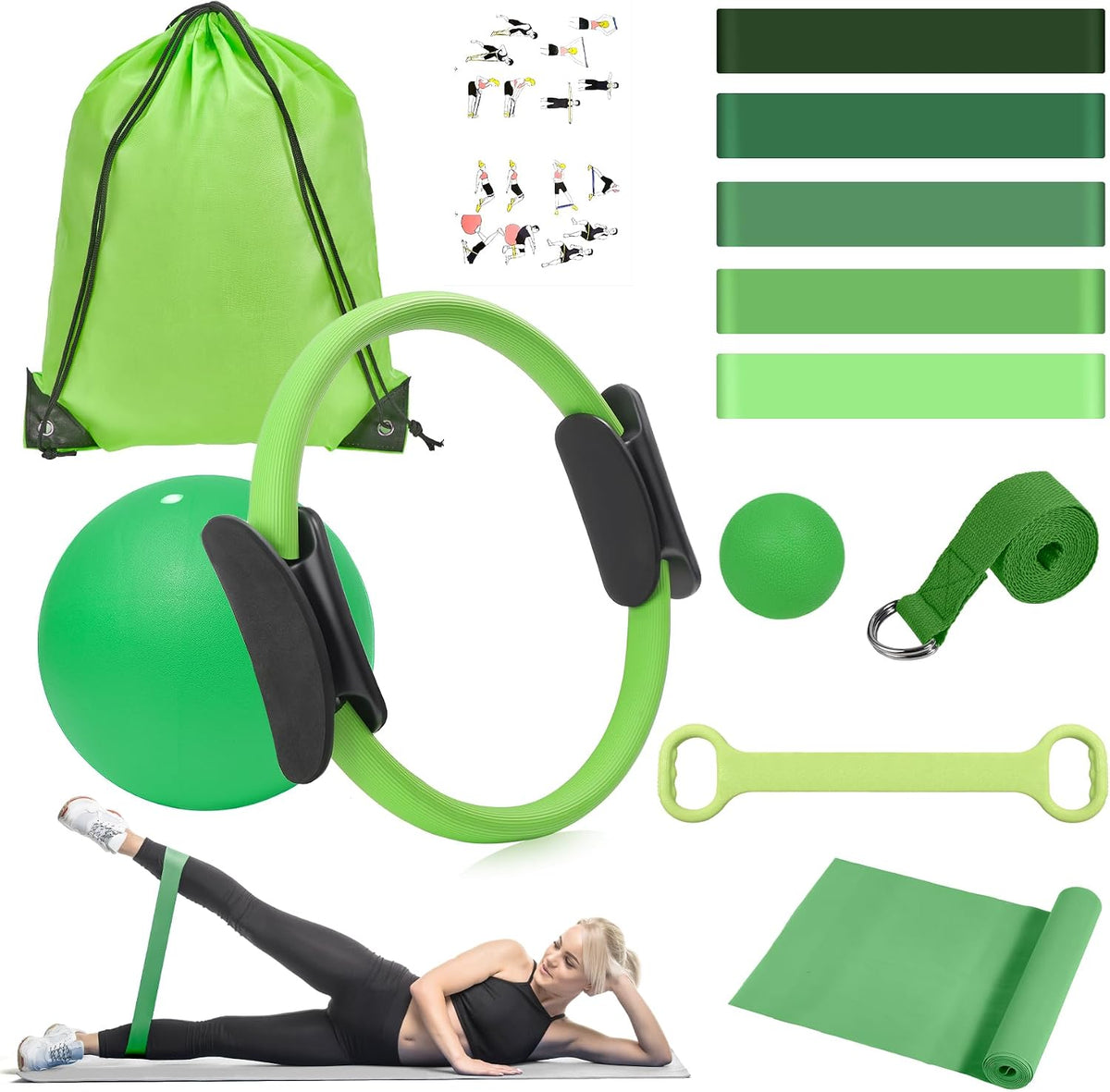 Pilates Ring Kit 12 PCS for Women, Home Workout Equipment with Magic Circle, Mini Exercise Ball, Resistance Bands, Massage Lacrosse, Yoga Strap, Full-Body Fitness Set for Toning & Gift