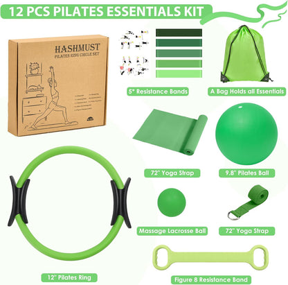 Pilates Ring Kit 12 PCS for Women, Home Workout Equipment with Magic Circle, Mini Exercise Ball, Resistance Bands, Massage Lacrosse, Yoga Strap, Full-Body Fitness Set for Toning & Gift