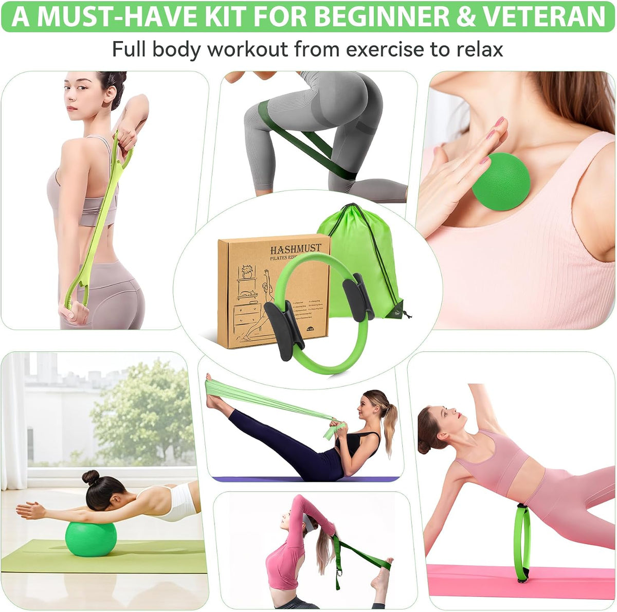 Pilates Ring Kit 12 PCS for Women, Home Workout Equipment with Magic Circle, Mini Exercise Ball, Resistance Bands, Massage Lacrosse, Yoga Strap, Full-Body Fitness Set for Toning & Gift