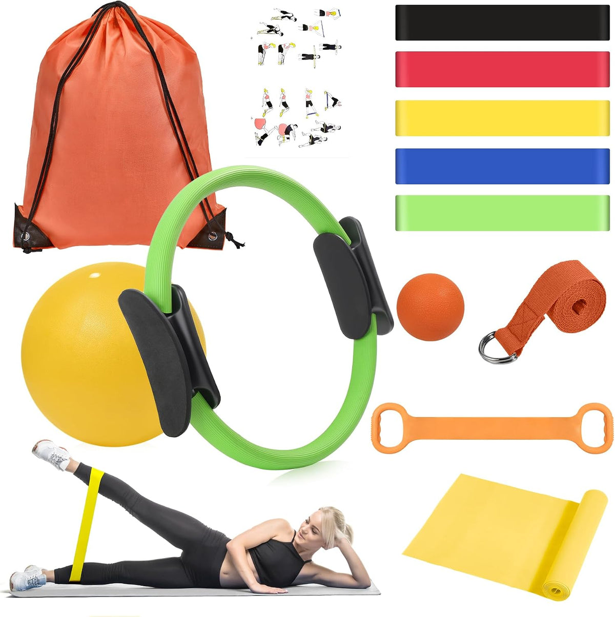 Pilates Ring Kit 12 PCS for Women, Home Workout Equipment with Magic Circle, Mini Exercise Ball, Resistance Bands, Massage Lacrosse, Yoga Strap, Full-Body Fitness Set for Toning & Gift