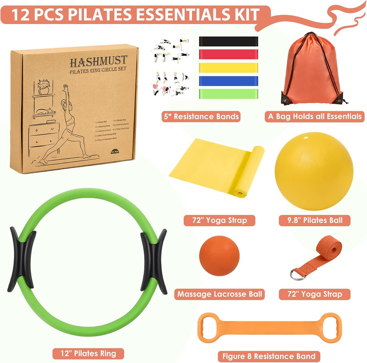 Pilates Ring Kit 12 PCS for Women, Home Workout Equipment with Magic Circle, Mini Exercise Ball, Resistance Bands, Massage Lacrosse, Yoga Strap, Full-Body Fitness Set for Toning & Gift