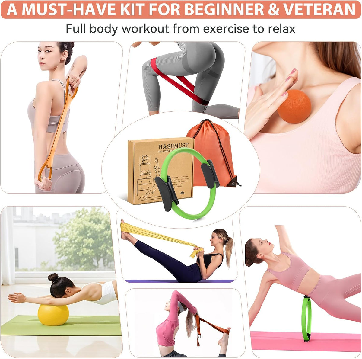 Pilates Ring Kit 12 PCS for Women, Home Workout Equipment with Magic Circle, Mini Exercise Ball, Resistance Bands, Massage Lacrosse, Yoga Strap, Full-Body Fitness Set for Toning & Gift