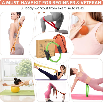 Pilates Ring Kit 12 PCS for Women, Home Workout Equipment with Magic Circle, Mini Exercise Ball, Resistance Bands, Massage Lacrosse, Yoga Strap, Full-Body Fitness Set for Toning & Gift