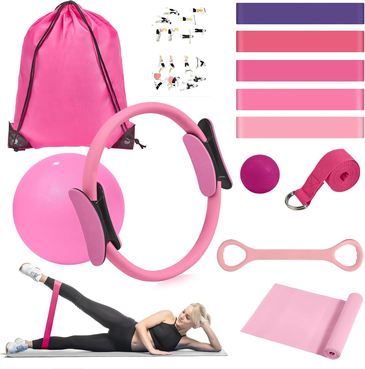 Pilates Ring Kit 12 PCS for Women, Home Workout Equipment with Magic Circle, Mini Exercise Ball, Resistance Bands, Massage Lacrosse, Yoga Strap, Full-Body Fitness Set for Toning & Gift