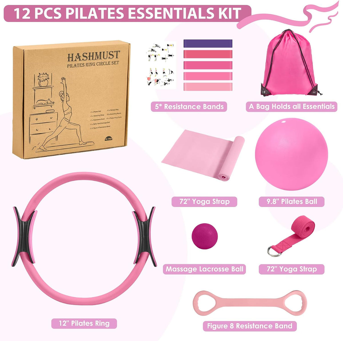 Pilates Ring Kit 12 PCS for Women, Home Workout Equipment with Magic Circle, Mini Exercise Ball, Resistance Bands, Massage Lacrosse, Yoga Strap, Full-Body Fitness Set for Toning & Gift