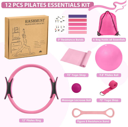 Pilates Ring Kit 12 PCS for Women, Home Workout Equipment with Magic Circle, Mini Exercise Ball, Resistance Bands, Massage Lacrosse, Yoga Strap, Full-Body Fitness Set for Toning & Gift
