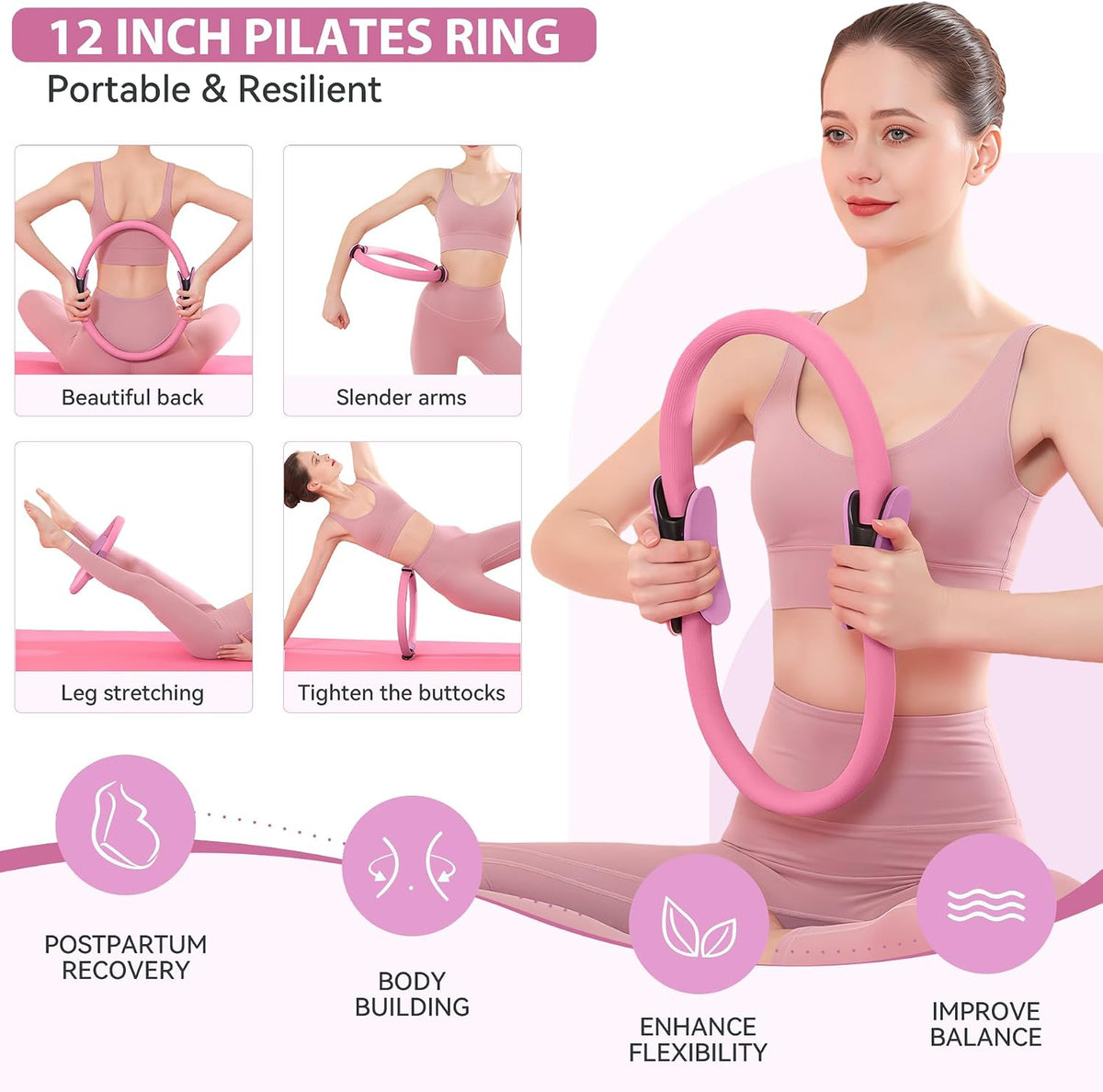 Pilates Ring Kit 12 PCS for Women, Home Workout Equipment with Magic Circle, Mini Exercise Ball, Resistance Bands, Massage Lacrosse, Yoga Strap, Full-Body Fitness Set for Toning & Gift