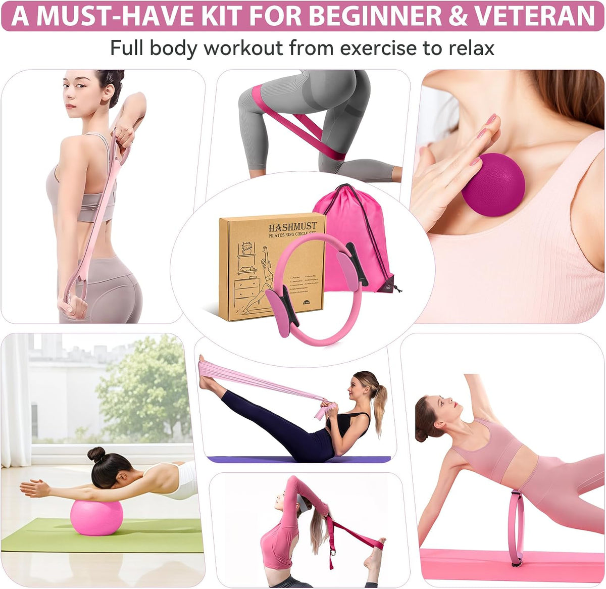 Pilates Ring Kit 12 PCS for Women, Home Workout Equipment with Magic Circle, Mini Exercise Ball, Resistance Bands, Massage Lacrosse, Yoga Strap, Full-Body Fitness Set for Toning & Gift