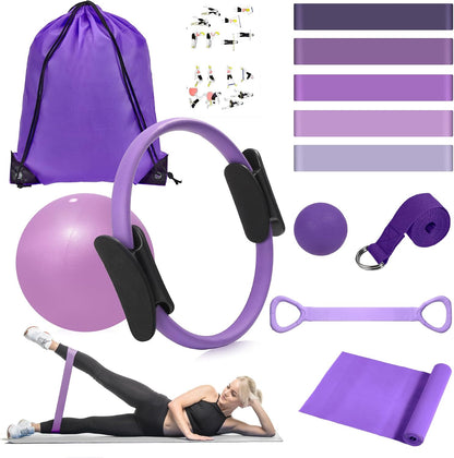 Pilates Ring Kit 12 PCS for Women, Home Workout Equipment with Magic Circle, Mini Exercise Ball, Resistance Bands, Massage Lacrosse, Yoga Strap, Full-Body Fitness Set for Toning & Gift