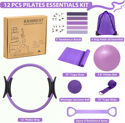Pilates Ring Kit 12 PCS for Women, Home Workout Equipment with Magic Circle, Mini Exercise Ball, Resistance Bands, Massage Lacrosse, Yoga Strap, Full-Body Fitness Set for Toning & Gift
