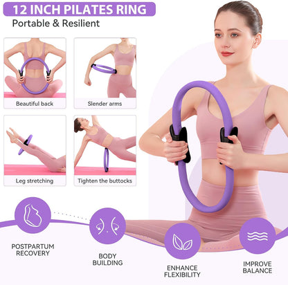 Pilates Ring Kit 12 PCS for Women, Home Workout Equipment with Magic Circle, Mini Exercise Ball, Resistance Bands, Massage Lacrosse, Yoga Strap, Full-Body Fitness Set for Toning & Gift