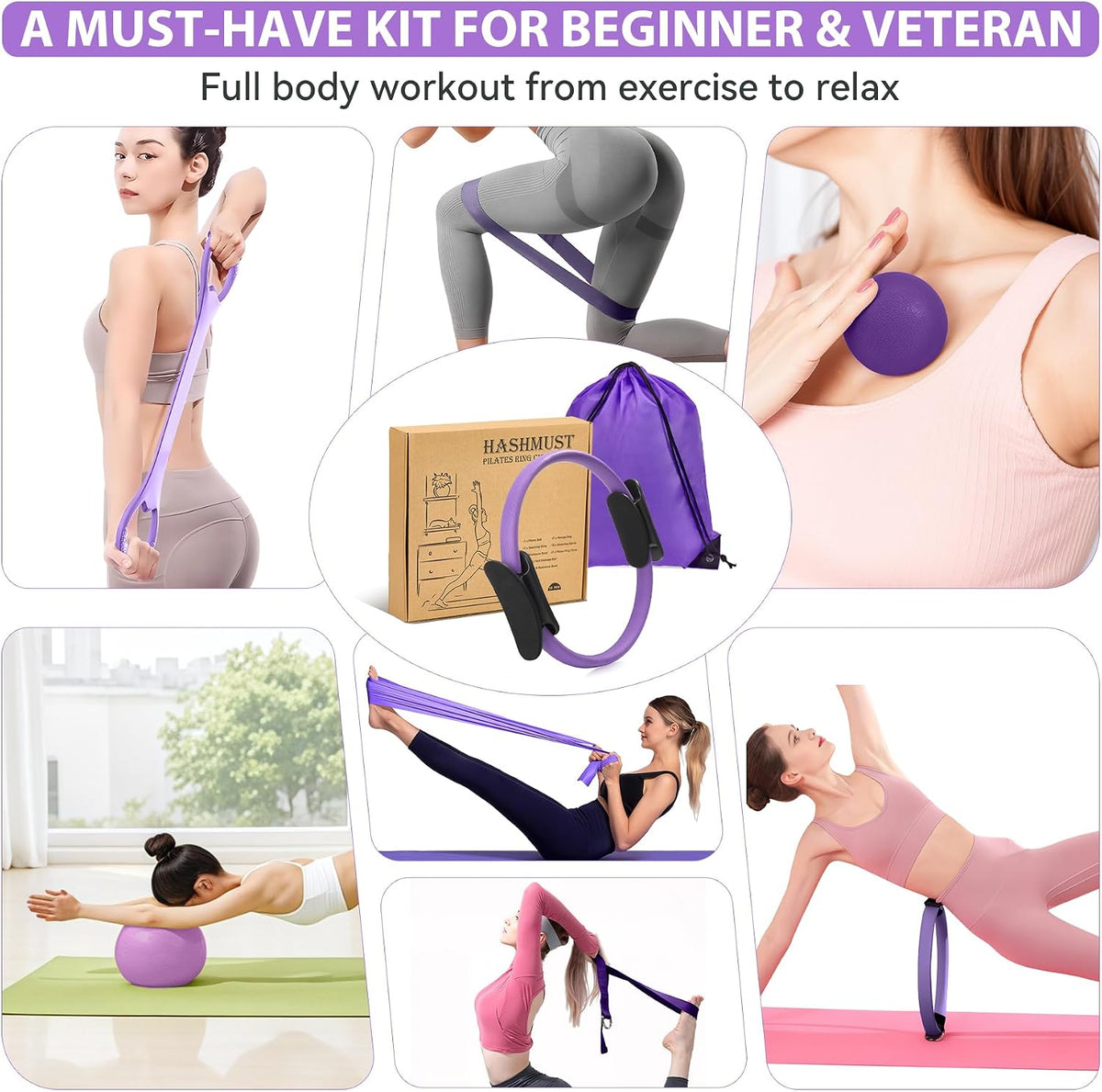 Pilates Ring Kit 12 PCS for Women, Home Workout Equipment with Magic Circle, Mini Exercise Ball, Resistance Bands, Massage Lacrosse, Yoga Strap, Full-Body Fitness Set for Toning & Gift