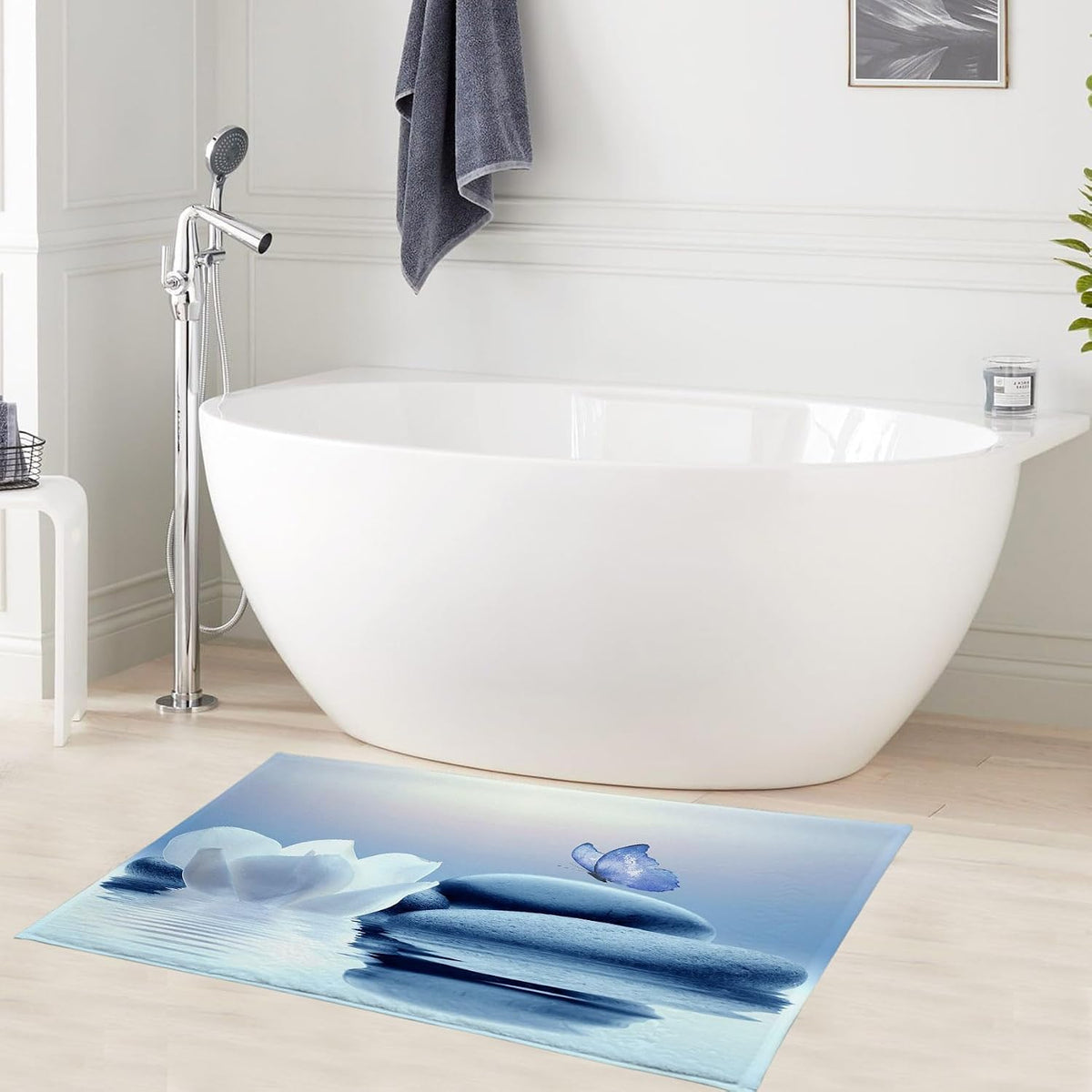 Zen Blue Floral Bathroom Rugs Zen Stone Water Lily and Butterfly on Lake Bath Mats for Bathroom Modern Yoga Spa Bathtub Mat Non Slip Floor Mat Bath Decor Accessories,31W X 20L inches