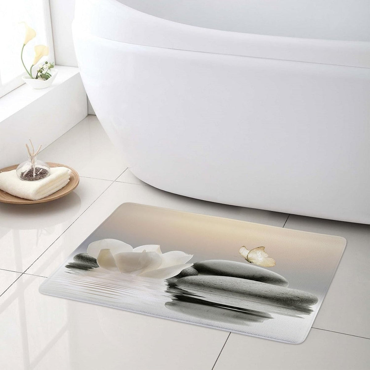 Zen Blue Floral Bathroom Rugs Zen Stone Water Lily and Butterfly on Lake Bath Mats for Bathroom Modern Yoga Spa Bathtub Mat Non Slip Floor Mat Bath Decor Accessories,31W X 20L inches