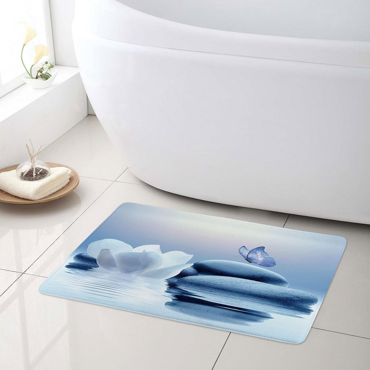 Zen Blue Floral Bathroom Rugs Zen Stone Water Lily and Butterfly on Lake Bath Mats for Bathroom Modern Yoga Spa Bathtub Mat Non Slip Floor Mat Bath Decor Accessories,31W X 20L inches