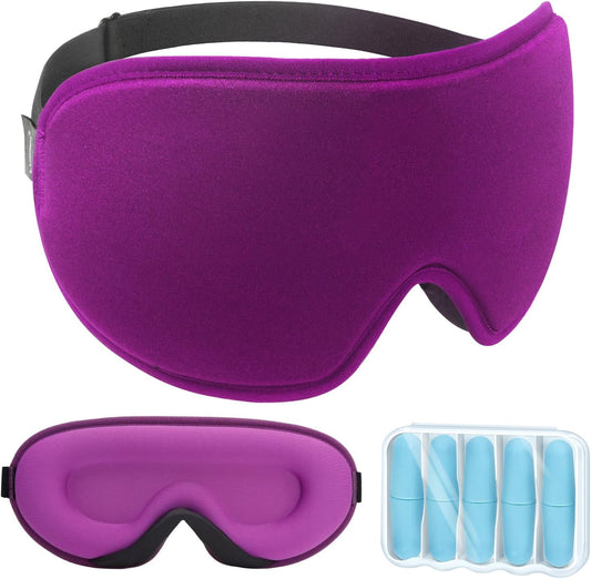 3D Blackout Sleep Mask for Side Sleepers, 5 Pairs Ear Plugs, Purple