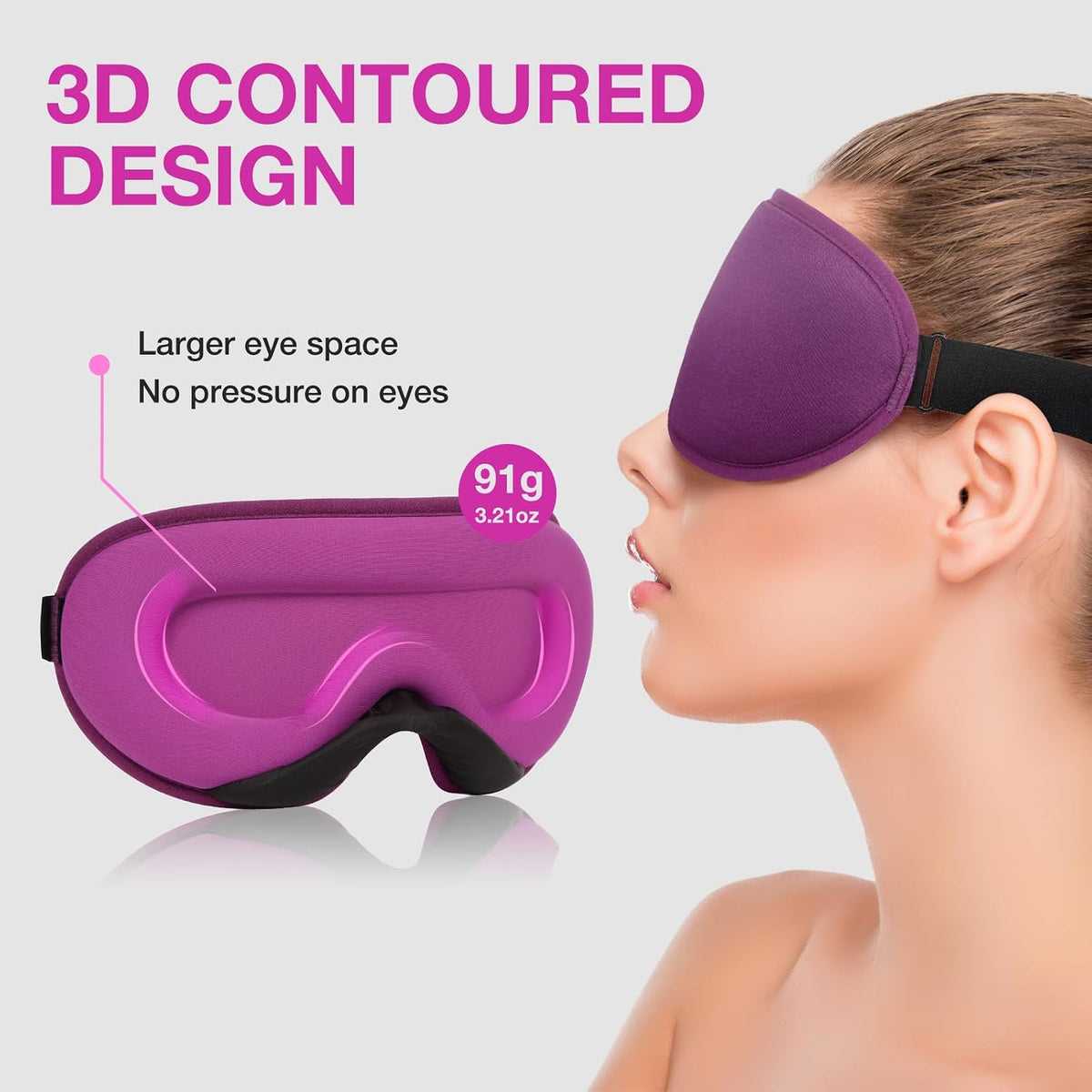 3D Blackout Sleep Mask for Side Sleepers, 5 Pairs Ear Plugs, Purple