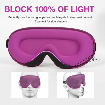 3D Blackout Sleep Mask for Side Sleepers, 5 Pairs Ear Plugs, Purple
