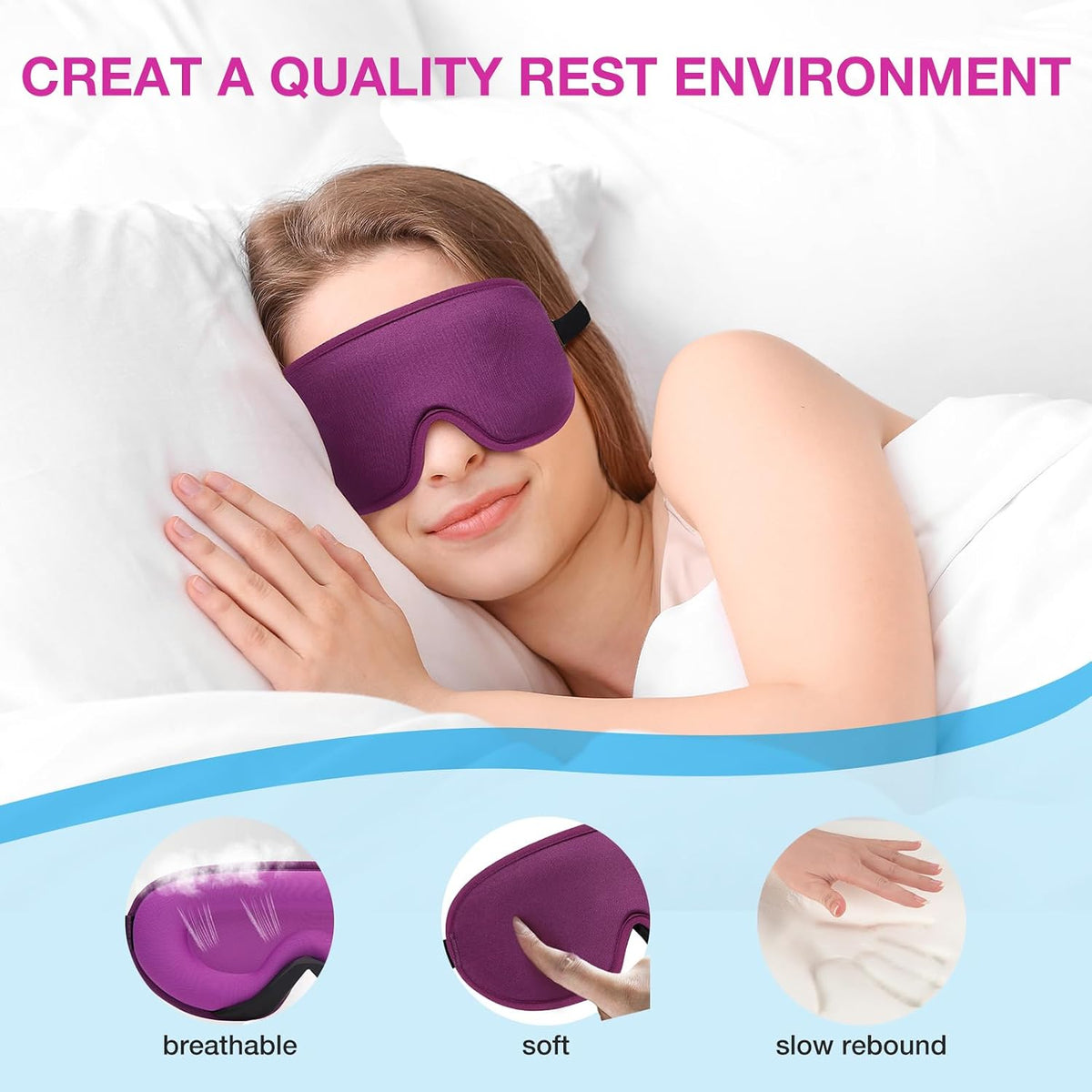 3D Blackout Sleep Mask for Side Sleepers, 5 Pairs Ear Plugs, Purple